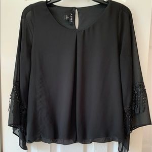 A. Byer Blouse Formal Bell Sleeves Lace Semi Sheer Keyhole Tassels Black Women S